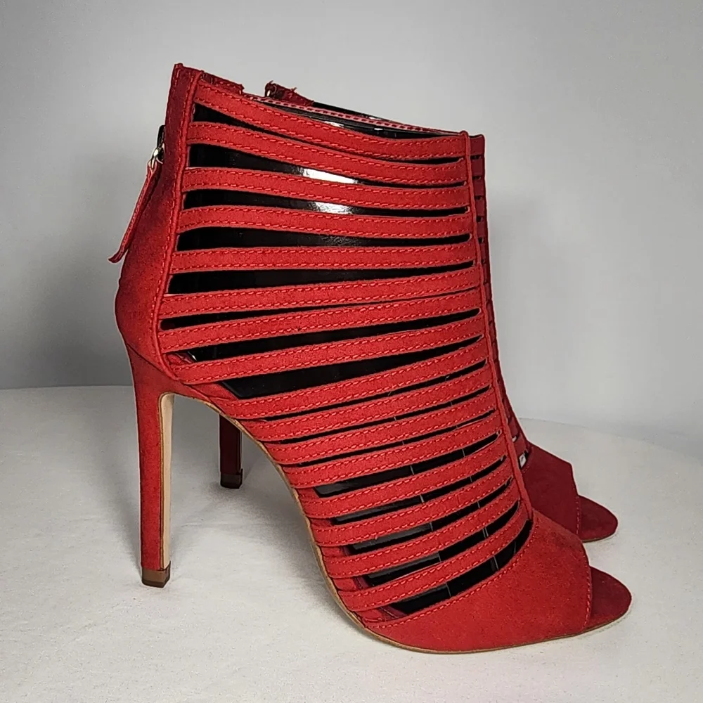 Zara Bright Red Faux Suede Strappy Caged Open Toe 4” Stiletto Heels Size‎ 36